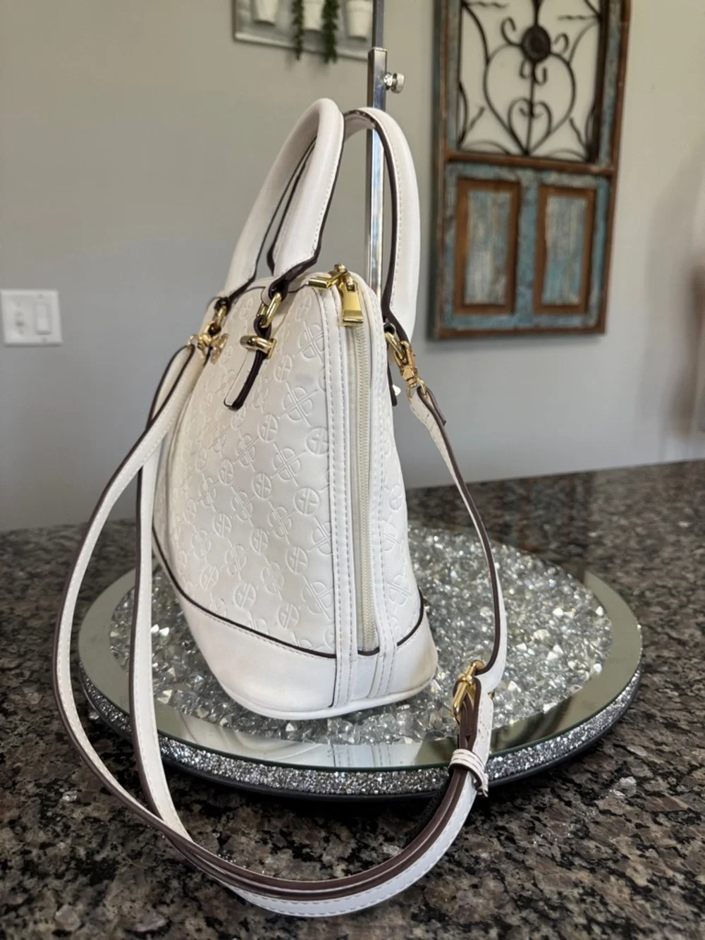 Giani Bernini White Embossed Dome Satchel with Gold Hardware